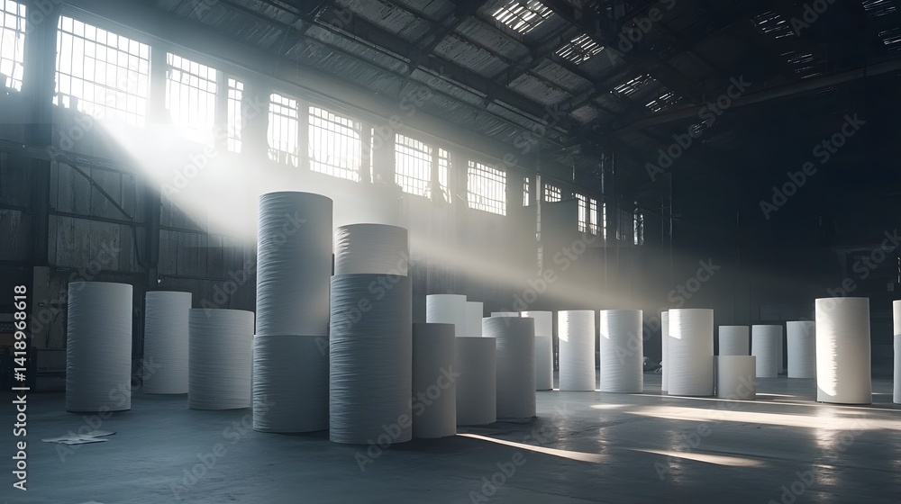 Poster stacks of giant paper rolls under the harsh industrial lighting of a warehouse create a dramatic min