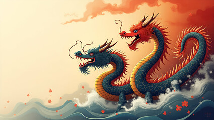 Obraz premium Exhibit Refined Symbolic Art: Iconic Dragon Boat Motifs & Dynamic Cultural Symbolism in Premium Digital Imagery - Evoke Sacred Traditions & Artistic Ingenuity