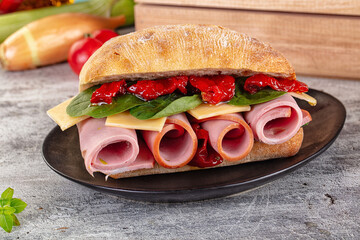 Ciabatta with mortadella, tomato, cheese and spinach