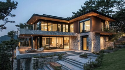 Fototapeta premium Luxurious contemporary house with stone and wood exterior elements