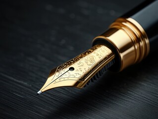 Closeup of gold and black fountain pen on dark wooden table elegant classic writing tool