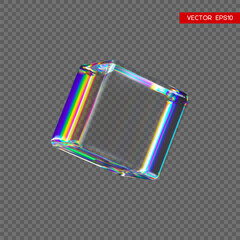 3d transparent glossy cube with dispersion effect. Rainbow colors reflection glass. Vector illustration.