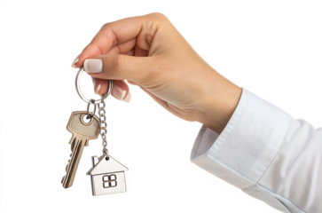 hand holding house keys with keychain isolated on white background PNG