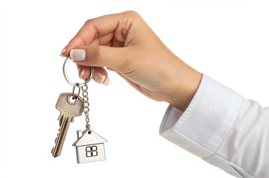 hand holding house keys with keychain isolated on white background PNG