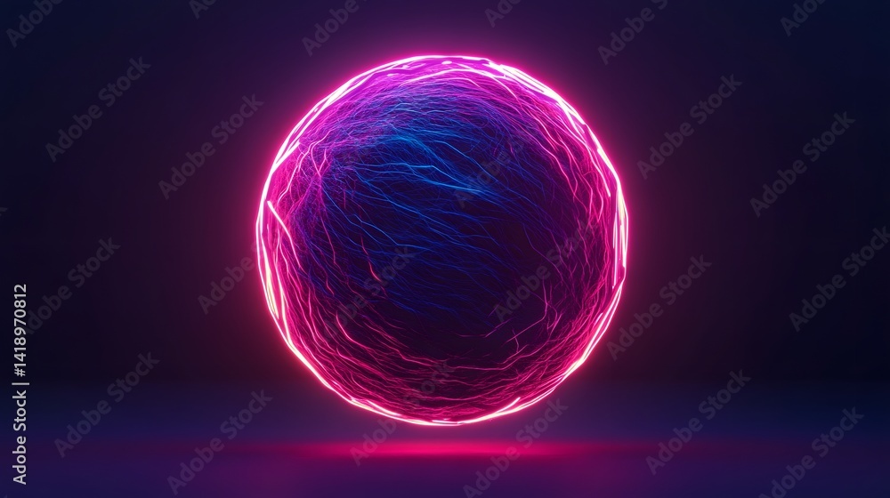 Poster glowing neon sphere floating in cosmic space with fluid luminescent lines