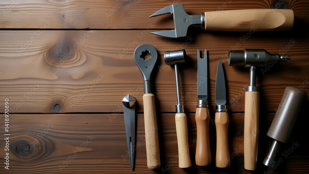 Poster artistic capture of craftsmanship: rustic tools on wood surface inspiring creativity in professional