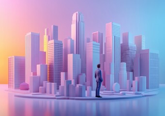 Business Professional Next to Bar Chart and Modern Office Building Minimalist 3D Illustration