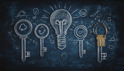 Handdrawn chalkboard presentation of five symbolic keys to success by business consultant, professional, highdetail, dark background with clear symbols of achievement