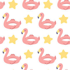 Seamless Summer Pattern with Flamingos and Stars, Tropical Birds and Fun Star Elements for Beach, Vacation, and Tropical Designs