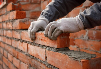 Man in gloves lays brick on wall. Construction builder working outdoor. Building house renovation job. Worker making bricklaying work on site with cement mortar.