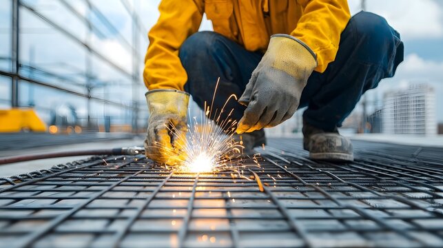 Skilled welder expertly crafting a robust steel frame with the dynamic reflection of bright sparks visible on a nearby metal sheet in the industrial workshop setting - Powered by Adobe