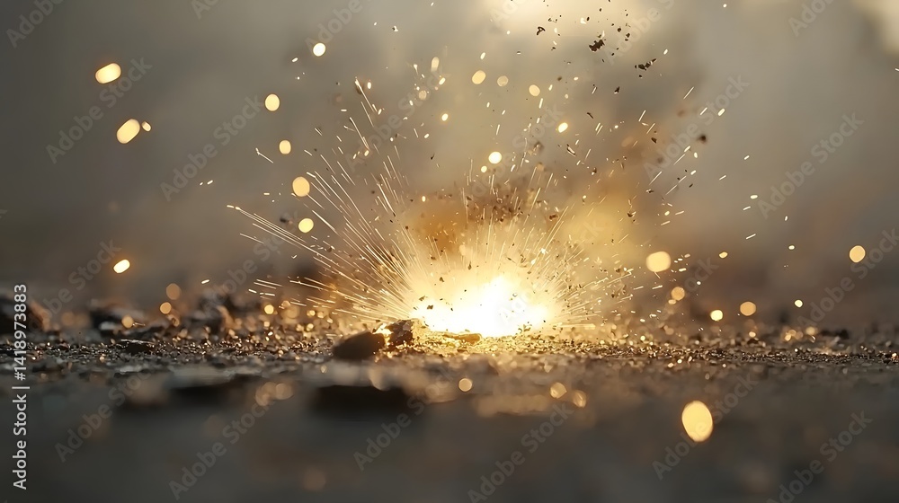 Poster close up view of mesmerizing welding sparks captured in slow motion with glowing luminous particles 