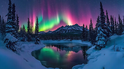 Stunning Aurora Borealis over Snowy Mountain Landscape