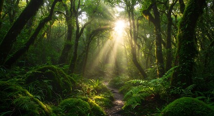 Fototapeta premium Lush Green Forest with Sunlight