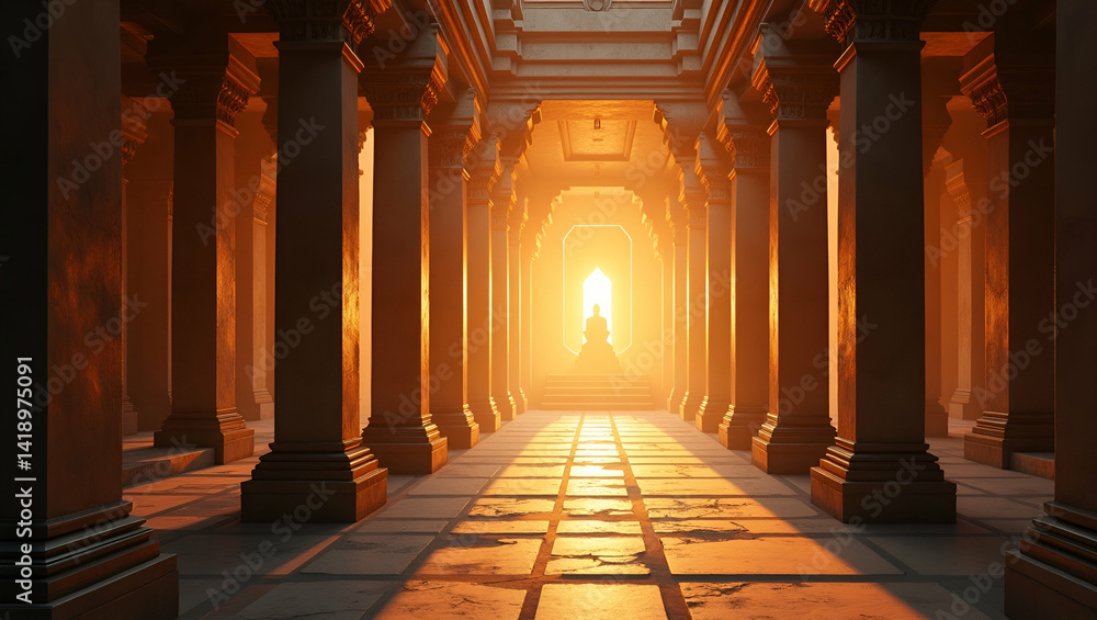 Poster buddhist light: serene luminescence from ancient temple architecture - mystic aura invoking calm ref
