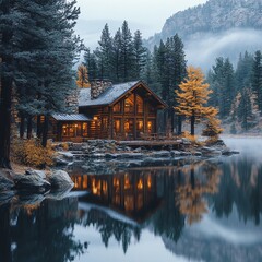 Obraz premium Luxurious Log Cabin Lakeside Retreat Autumn Scenery Mountain View Peaceful Reflection