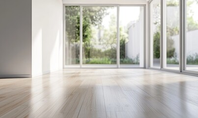 Obraz premium Empty room with large windows overlooking a garden