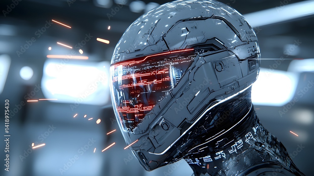Aufkleber detailed close up view of a high tech welding mask reflecting the bright intense sparks of a metalwo