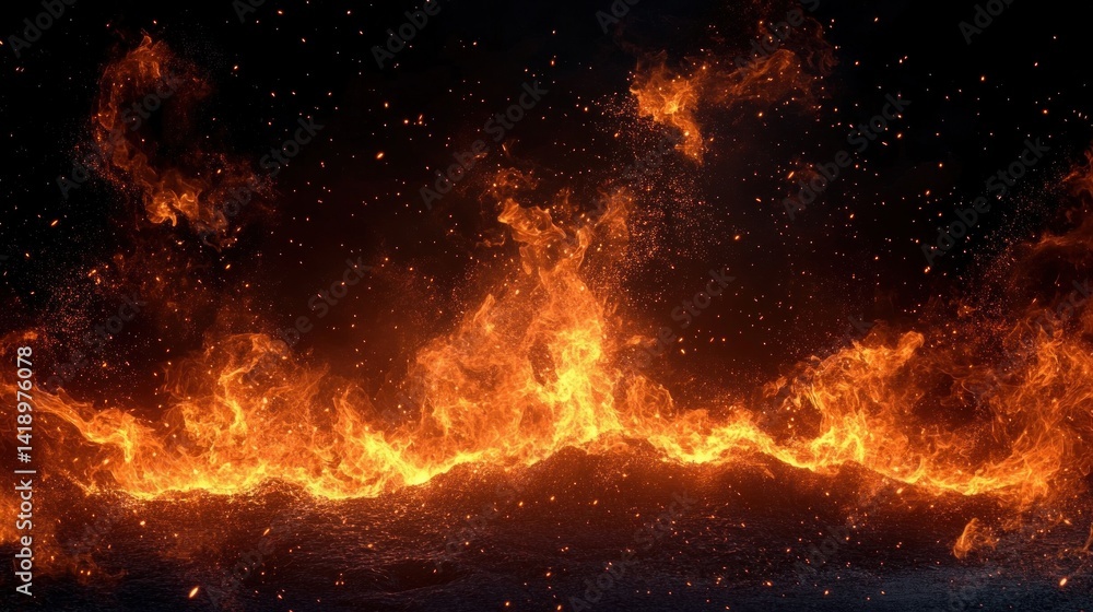 Poster hyper-realistic blazing fire with intense orange and red flames on dark background with dynamic ligh