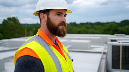 Obraz premium HVAC Technician Inspecting Commercial Building Ductwork in Safety Gear