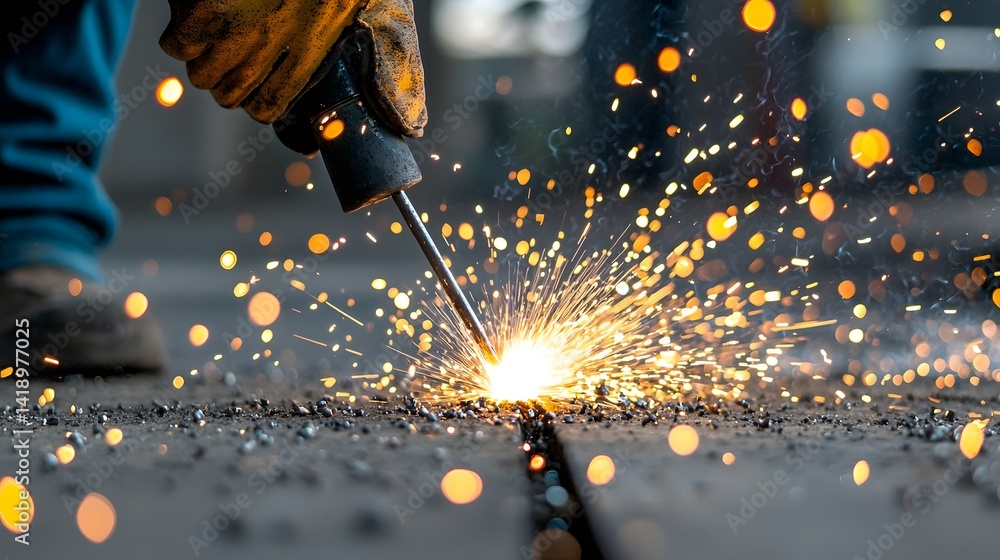 Poster welding sparks ignite a mesmerizing display of light trails created through the use of a slow shutte