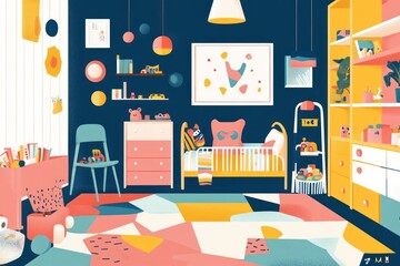 Colorful and playful nursery room interior design with crib, toys, and geometric rug.
