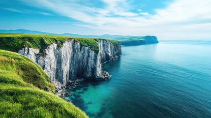 Serene Coastal Cliffs: A Breathtaking View of Dramatic Cliffs Meeting Turquoise Ocean