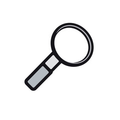 A minimalist logo design featuring a light gray magnifying glass icon with a bold black outline, set against a white background. 