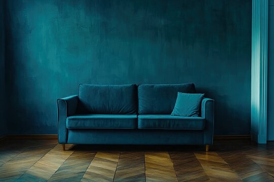 Deep teal velvet sofa in a modern living room