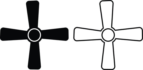 Fan propeller flat, outline icons set. Turbine airflow rotating symbols, Industrial ventilator heating cooling signs, Ship marine engine screw, Nautical aviation isolated on transparent background.