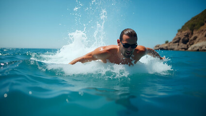 Dynamic ocean swimming session captures vigorous aquatic activity and shimmering blue water environments with energetic composition and high quality action visuals for sports and lifestyle stock image