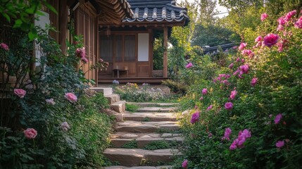 Stone steps lead to traditional house surrounded by roses