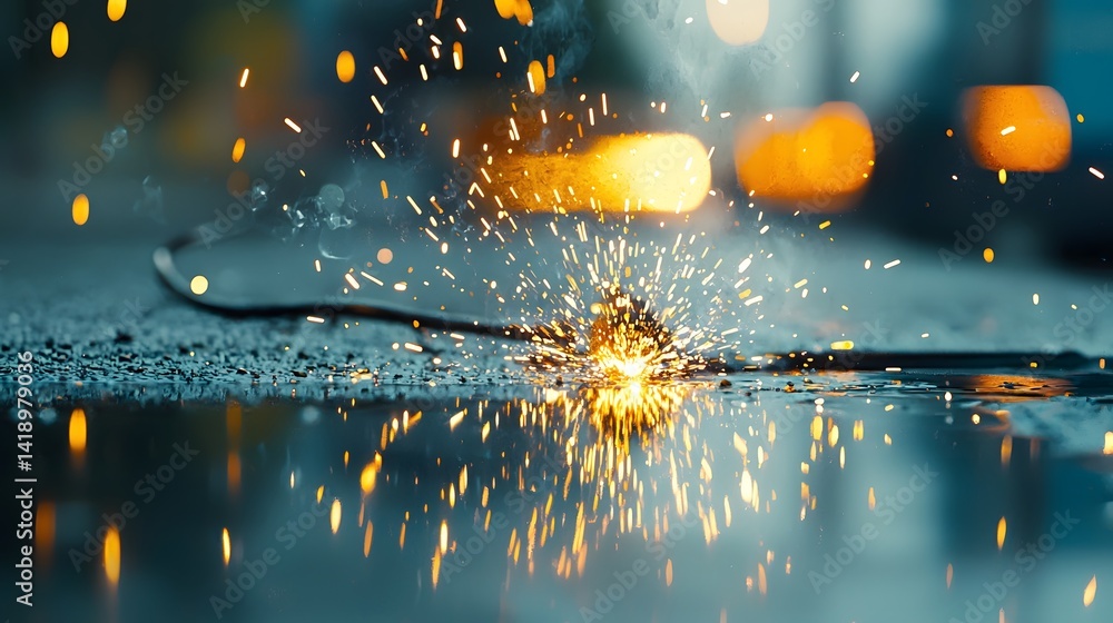 Aufkleber mesmerizing welding sparks reflecting in a tranquil pool of water forming a mirror like surface with
