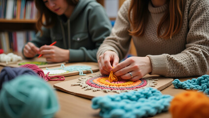 Capture creative individuals engaged in intricate crochet projects in well organized craft spaces highlighting detailed handiwork and artistic texture in  Photo Stock  Concept  and empty space on the 