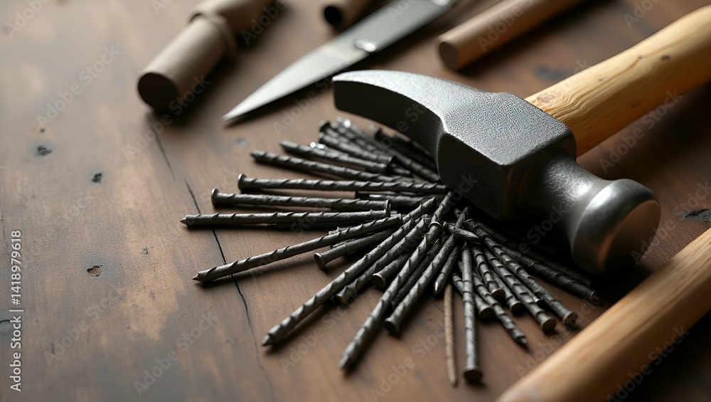 Poster classic hammer and nails set: precision craftsmanship & robust construction in a neatly arranged too