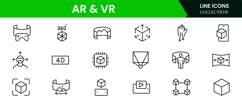 Augmented Reality icon element sets. Includes Virtual Reality, View, Cctv, Headphone, and More. Outline icons vector collection.