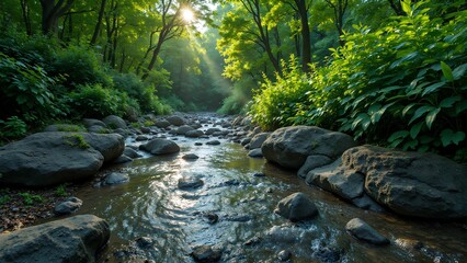 Obraz premium Serene Forest Stream with Sunlight Filtering Through Green Foliage
