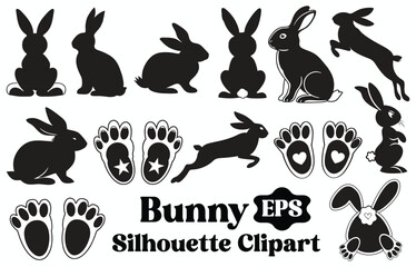 Easter Bunny Silhouette Clipart Bundle | Rabbit Footprints EPS SVG PNG | Cute Black Bunny Vector Set
