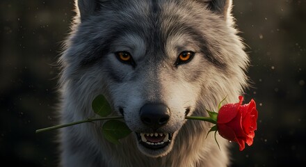 Obraz premium Mystical wolf with a crimson rose, a symbol of beauty and hidden nature
