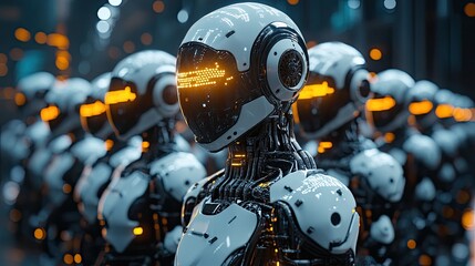 Futuristic robots in a precise formation.