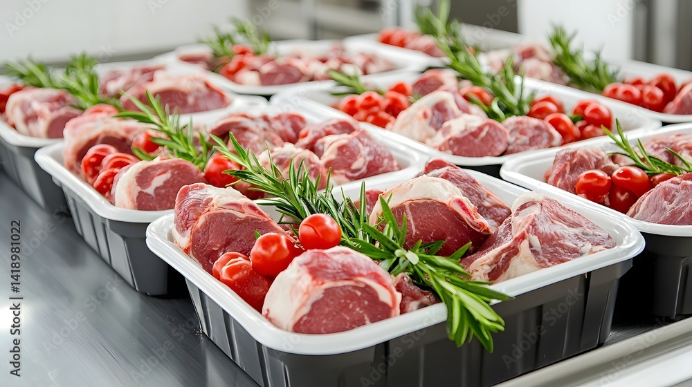 Poster meat processing line featuring precise cutting and automated packaging machinery in a modern organiz