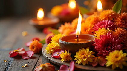 Vesak Flower Offering Rituals: Vibrant Floral Arrangements & Symbolic Blossoms for Devotion - High Quality Stock Photo Concept with Empty Space on Left Side