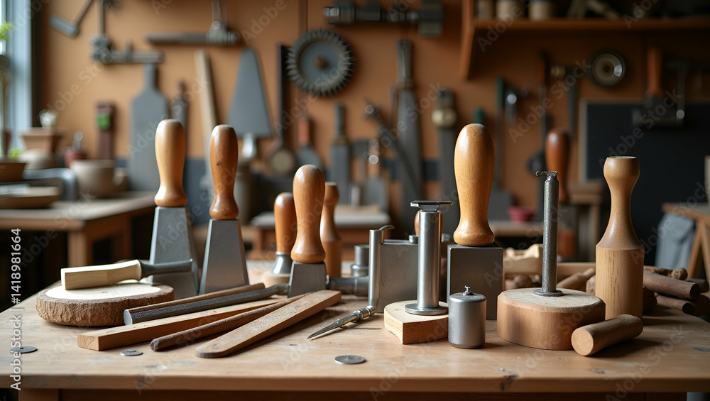 Poster exemplary carpentry tools: precision-engineered woodworking instruments in a professional workshop f