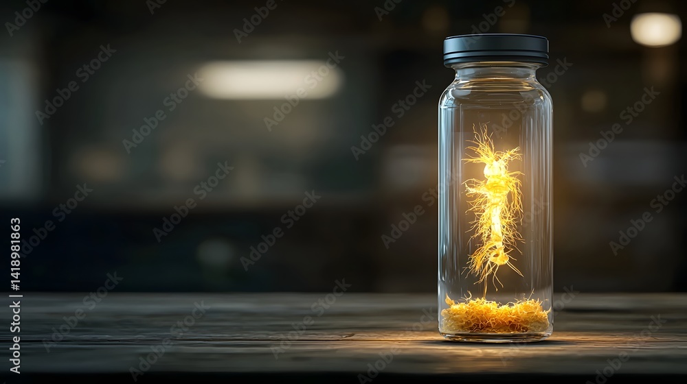 Poster luxurious golden botanical extract in a glass vial with a soft glowing light emanating from within c