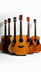 Fototapeta premium Six acoustic guitars, various wood tones, pristine white backdrop, set, detail