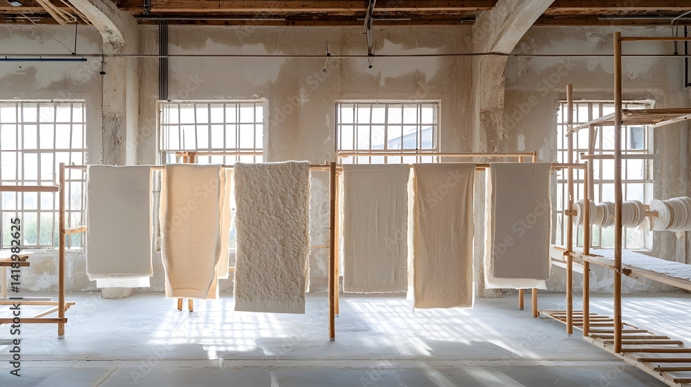 Aufkleber handmade paper drying on wooden racks with soft natural sunlight filtering through and creating a se