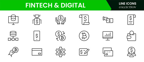 Fintech & Digital Icons vector illustrations with thin lines contain digital banking, mobile payments, cloud tech, robotics, digital wallet, SAAS, app, neo bank, crowdfunding, and financia innovation.