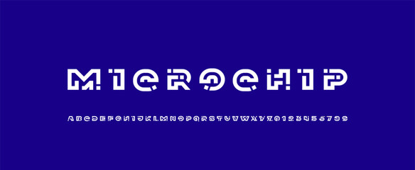 Digital alphabet font, thick white letters and numbers made in science style, vector illustration 10EPS.