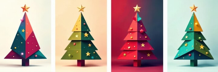 Set of stylish Christmas card designs with abstract geometric Christmas trees , graphic design, modern