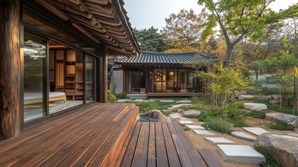 Korean traditional house with wooden deck and tranquil garden